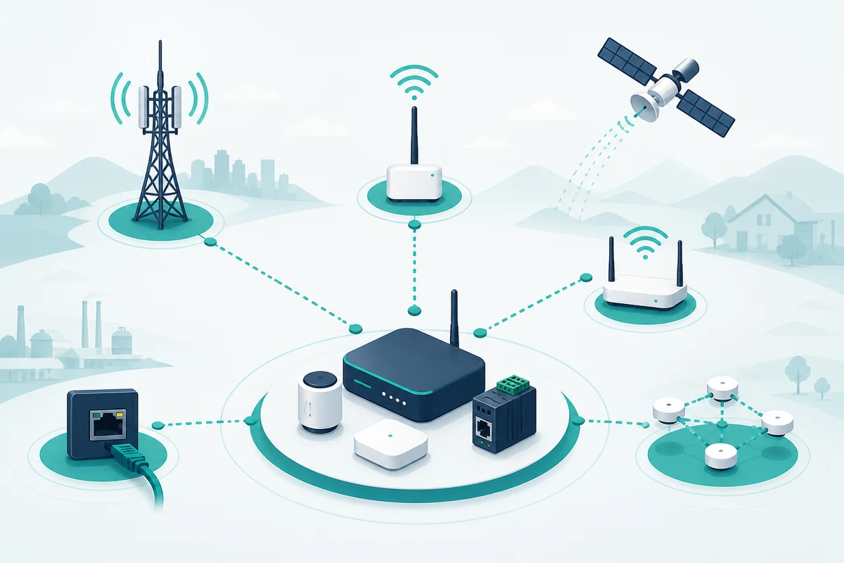 An IoT gateway connecting devices through cellular, Wi-Fi, satellite, Ethernet and low-power mesh networks.