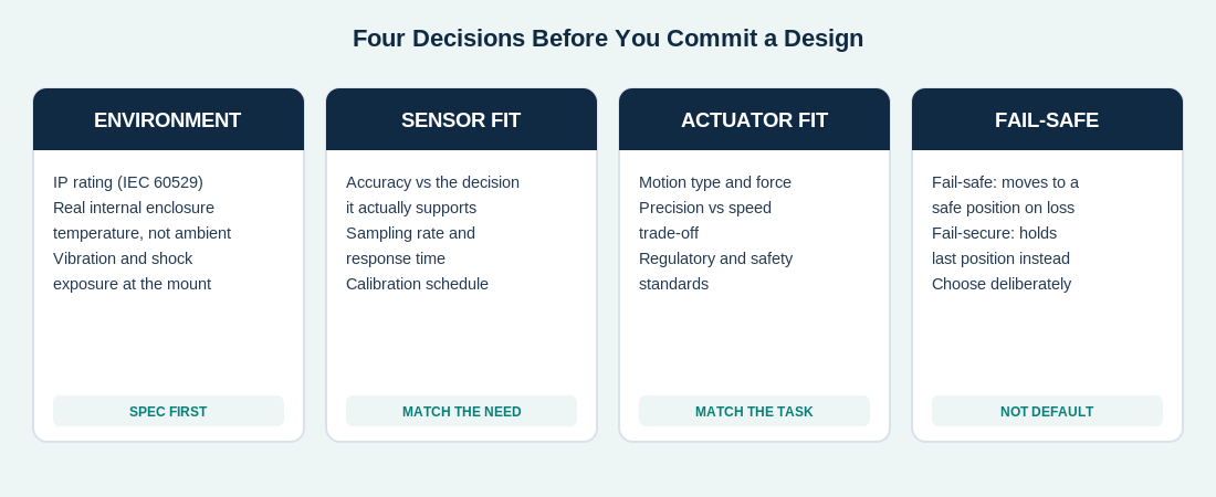Diagram of four decisions to make before committing a device design: environment (IP rating, temperature, vibration), sensor fit (accuracy, sampling rate, calibration), actuator fit (motion, precision, standards), and fail-safe versus fail-secure behaviour.